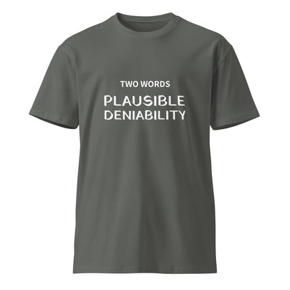 Unisex charcoal premium T-shirt from Two Words - Plausible Deniability brand, front view showcasing comfortable fit and soft fabric.