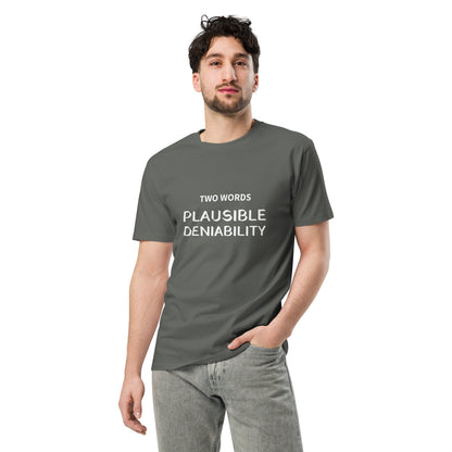 Unisex charcoal premium T-shirt from Two Words - Plausible Deniability collection featuring a front design.