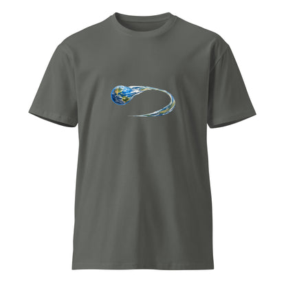 Unisex Morphing Earth premium charcoal T-shirt by wayward.biz, front view showcasing the planetary design and comfortable fit.
