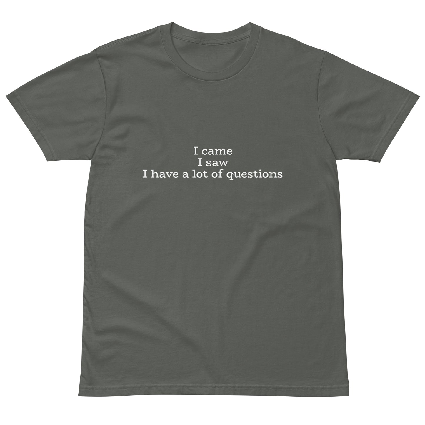 Unisex charcoal premium t-shirt with "I came. I saw. I have a lot of questions" slogan, front view, casual fit, Wayward.biz brand.