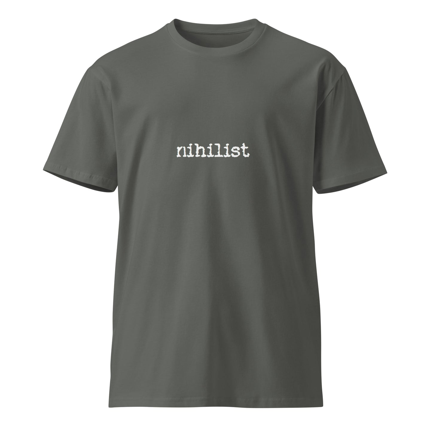 Unisex dark charcoal Nihilist premium T-shirt from Wayward.biz, front view showing minimalist design and comfortable fit.