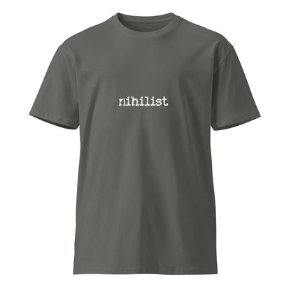Unisex dark charcoal Nihilist premium T-shirt from Wayward.biz, front view showing minimalist design and comfortable fit.