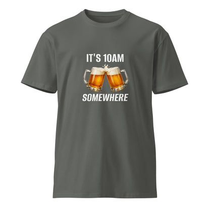 Charcoal unisex premium T-shirt with "It's 10AM Somewhere" slogan, from wayward.biz, front view showcasing casual design.