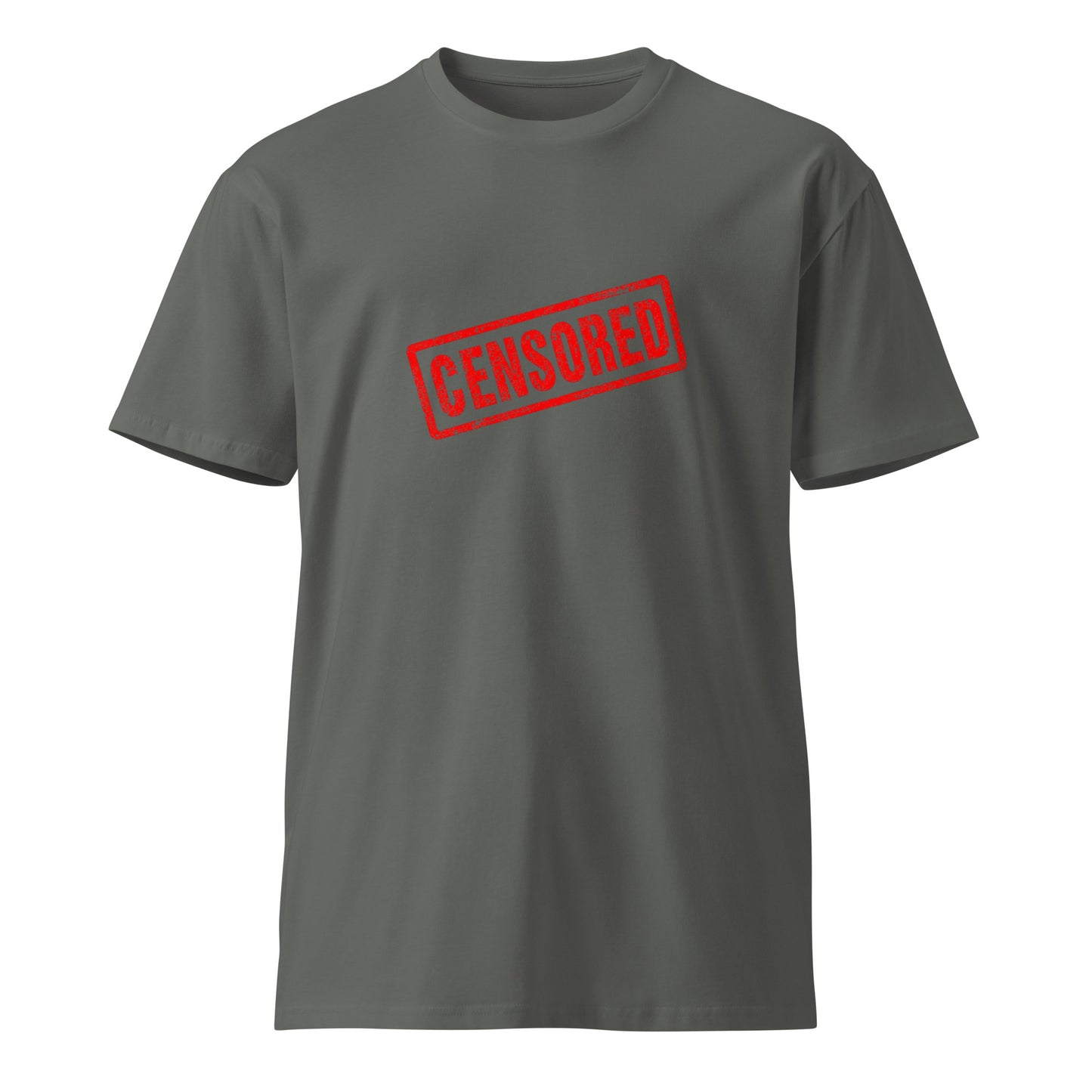 Charcoal unisex premium T-shirt from wayward.biz with censored graphic design on the front.