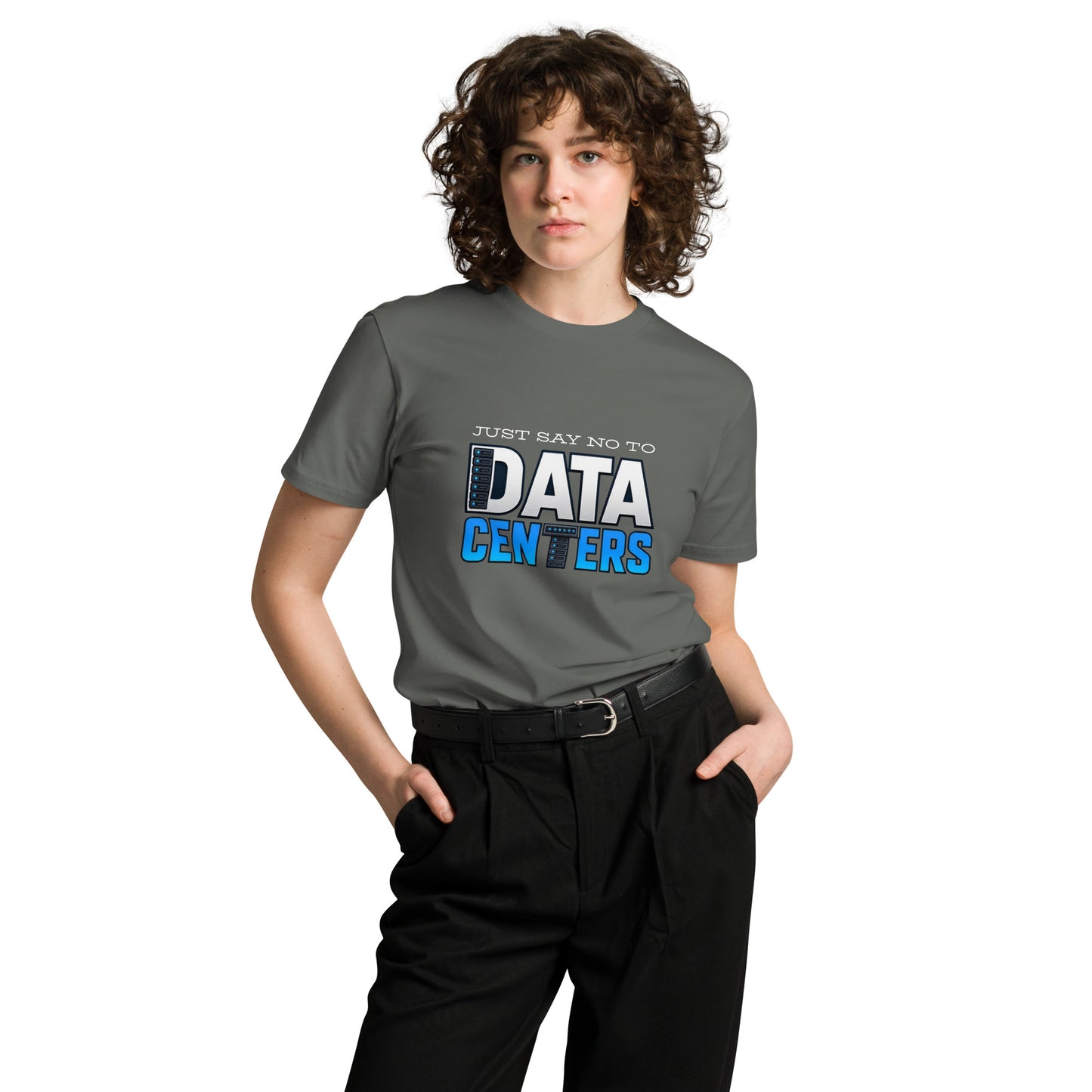 Unisex charcoal premium T-shirt with "Just Say No to Data Centers" slogan, from wayward.biz, front view.