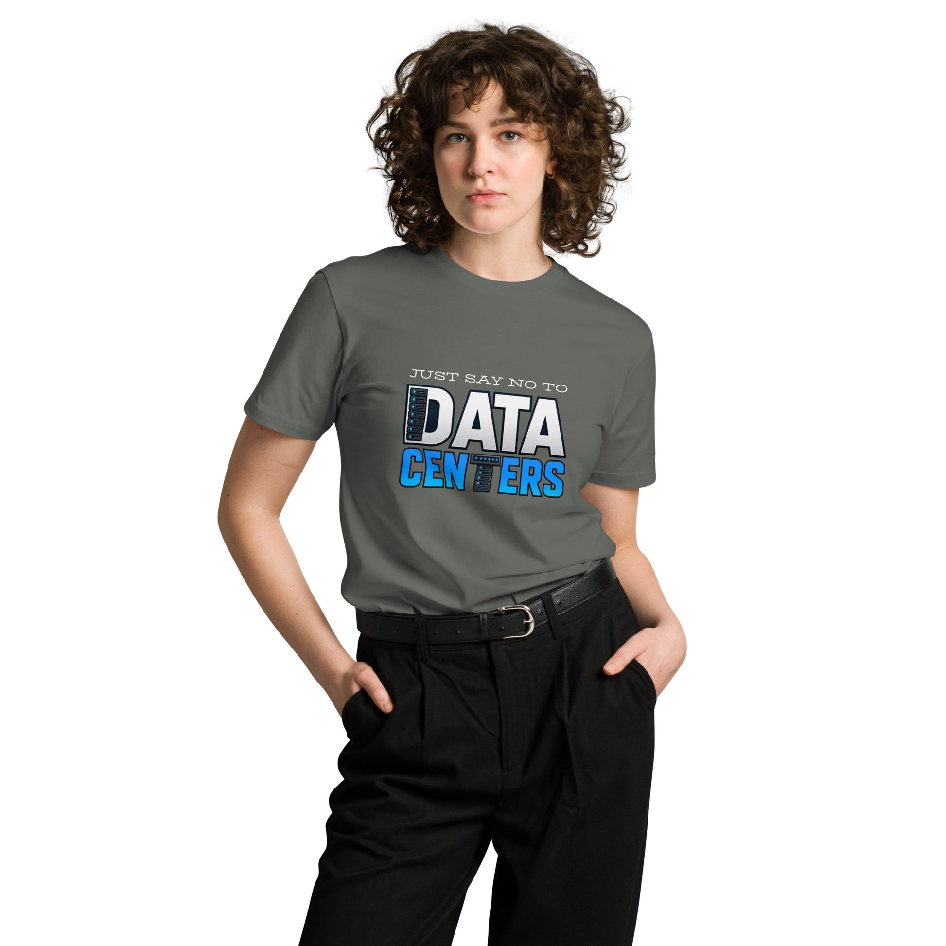 Unisex charcoal premium T-shirt with "Just Say No to Data Centers" slogan, from wayward.biz, front view.