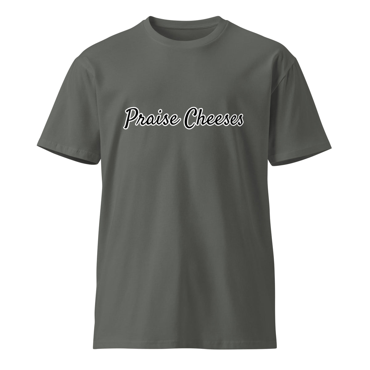 Unisex charcoal premium T-shirt from Praise Cheeses by wayward.biz, featuring a simple, stylish design on the front.
