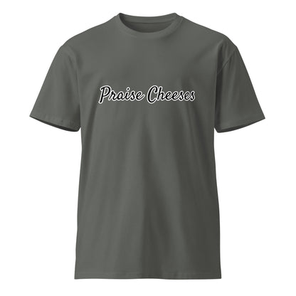 Unisex charcoal premium T-shirt from Praise Cheeses by wayward.biz, featuring a simple, stylish design on the front.