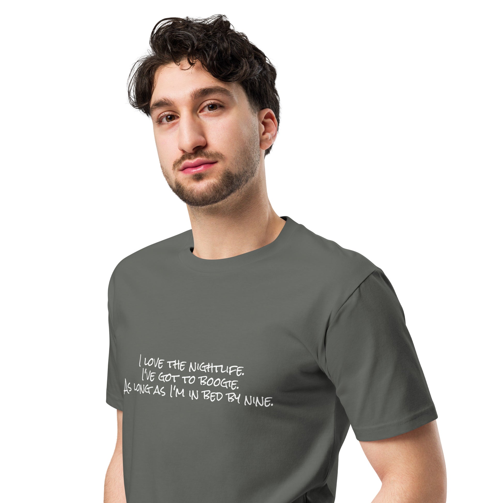 Unisex I Love the Nightlife premium charcoal T-shirt by wayward.biz, featuring a left-front graphic design and comfortable fit.