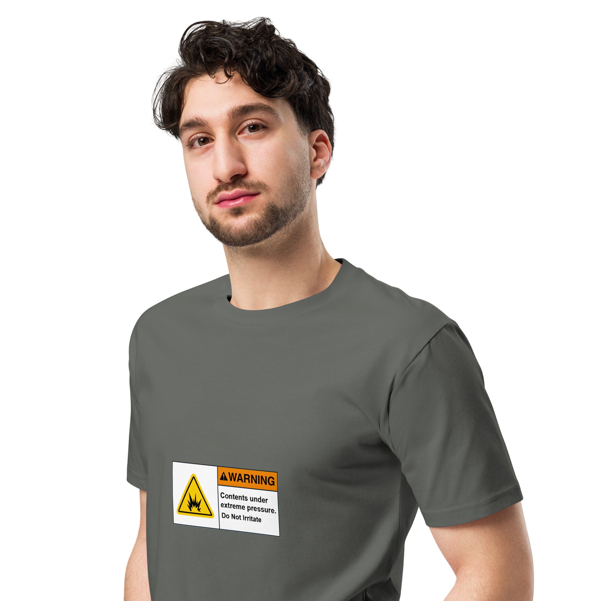 Unisex charcoal premium T-shirt from Wayward.biz with "Contents Under Pressure Do Not Irritate" printed on the front.