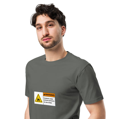 Unisex charcoal premium T-shirt from Wayward.biz with "Contents Under Pressure Do Not Irritate" printed on the front.