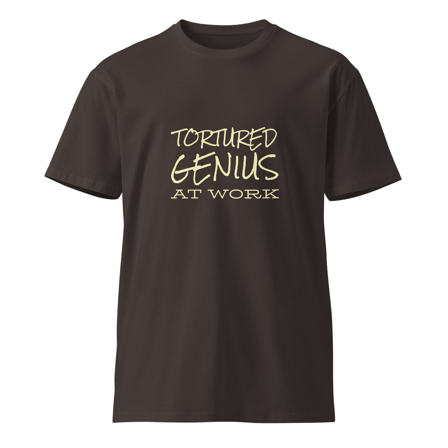 Unisex premium T-shirt by Wayward.biz featuring a tortured genius at work graphic on the front in coal color.