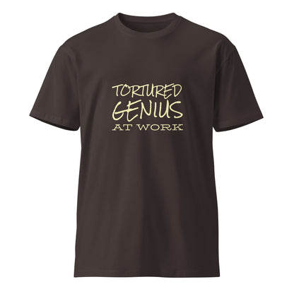 Unisex premium T-shirt by Wayward.biz featuring a tortured genius at work graphic on the front in coal color.