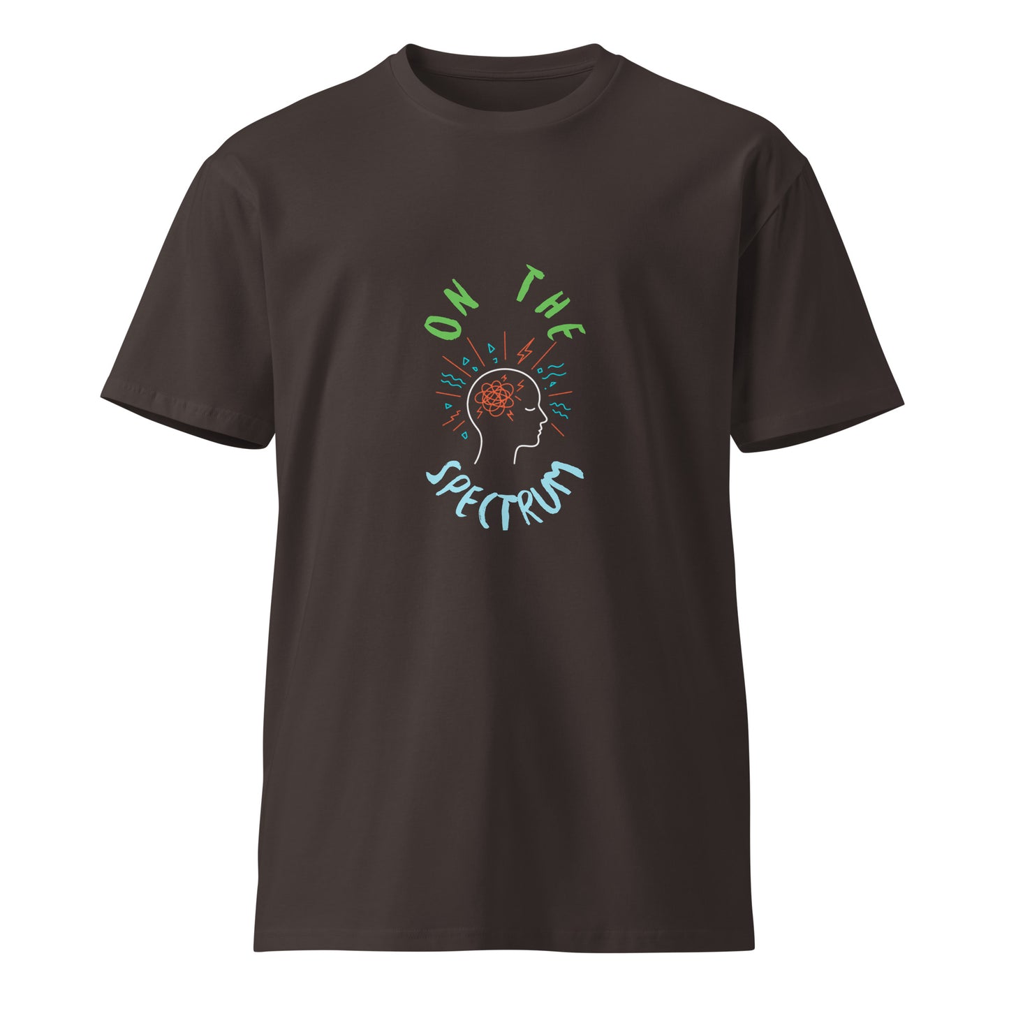 Unisex premium dark T-shirt with "On the Spectrum" print, made by wayward.biz, front view showing design and fit.