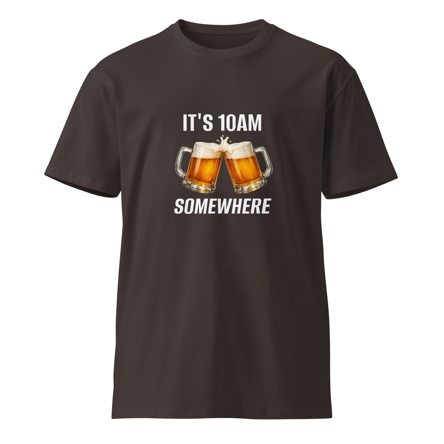 Unisex premium T-shirt in coal color with "It's 10AM Somewhere" slogan, by wayward.biz, front view.