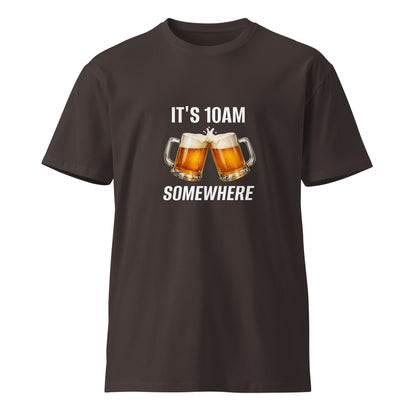 Unisex premium T-shirt in coal color with "It's 10AM Somewhere" slogan, by wayward.biz, front view.