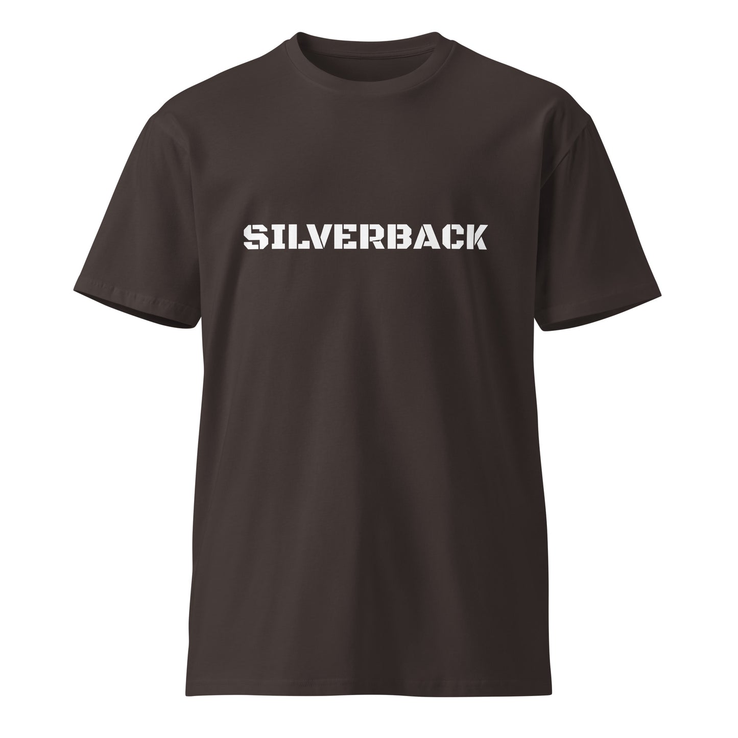 Unisex Silverback premium T-shirt in coal with graphic design on back, made by Wayward.biz, showcasing front view and fabric texture.