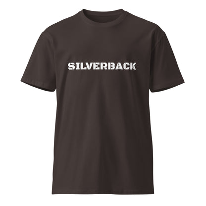 Unisex Silverback premium T-shirt in coal with graphic design on back, made by Wayward.biz, showcasing front view and fabric texture.