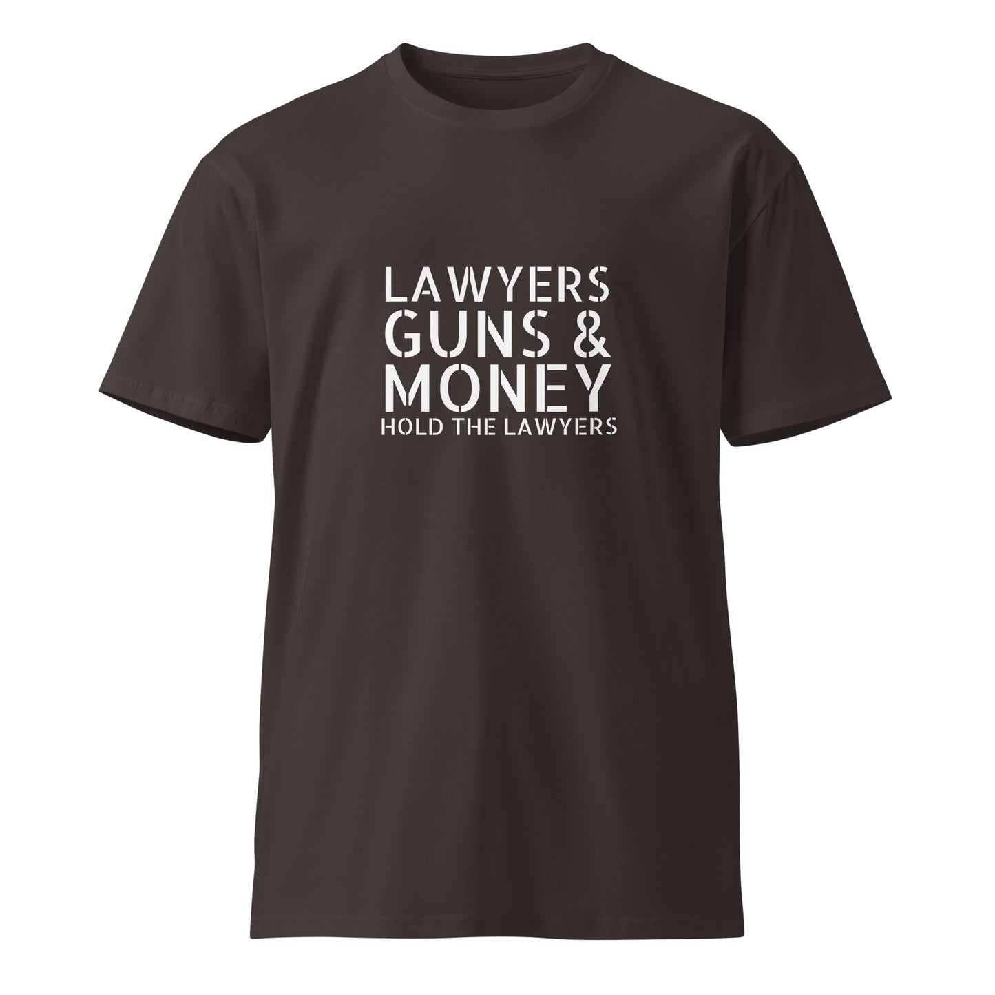 Unisex black premium T-shirt featuring "Lawyers Guns & Money" graphic design from wayward.biz on the front.