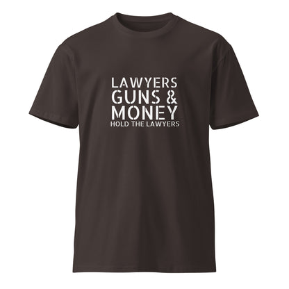 Unisex black premium T-shirt featuring "Lawyers Guns & Money" graphic design from wayward.biz on the front.
