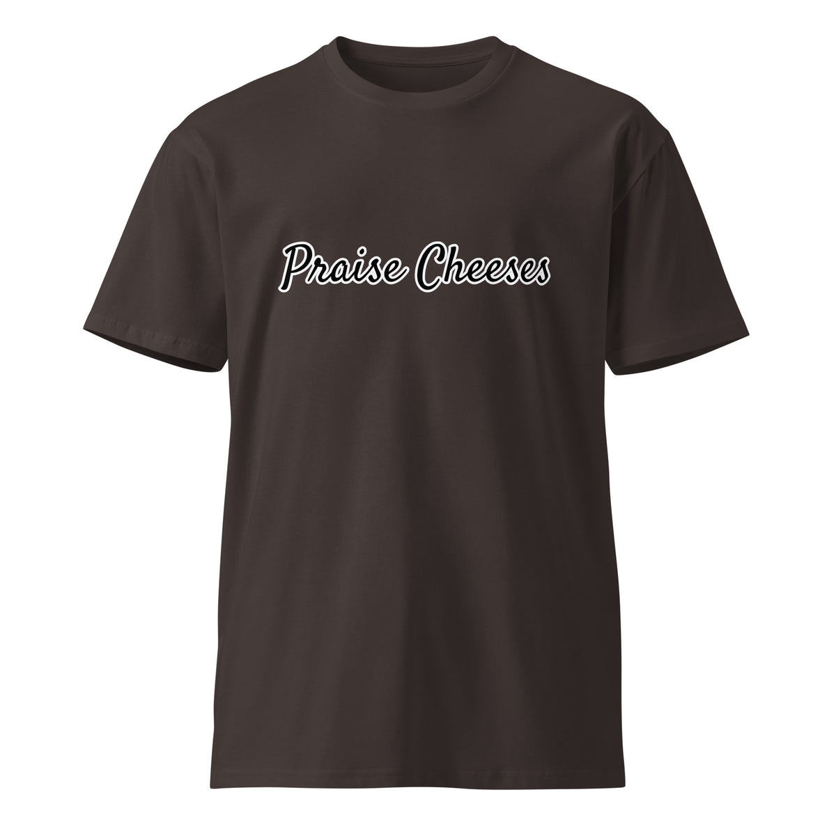 Unisex black premium T-shirt by Praise Cheeses with a front graphic design, made for a comfortable fit and casual style.