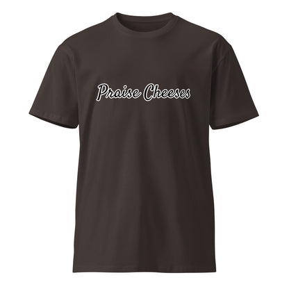 Unisex black premium T-shirt by Praise Cheeses with a front graphic design, made for a comfortable fit and casual style.