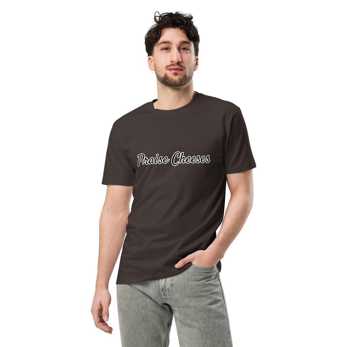 Unisex premium T-shirt in coal color with "Praise Cheeses" design, showcasing a comfortable fit and stylish casual wear.