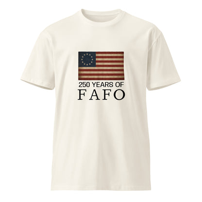 Unisex premium FAFO T-shirt in ecru with front design, made by wayward.biz. Comfortable casual wear with a modern style.