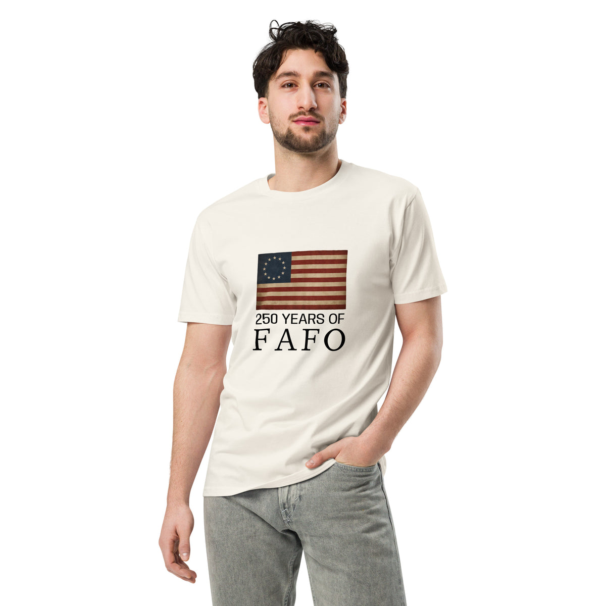 Unisex FAFO 250 Years premium t-shirt in ecru with front design, from wayward.biz, showcasing a comfortable cotton fabric.