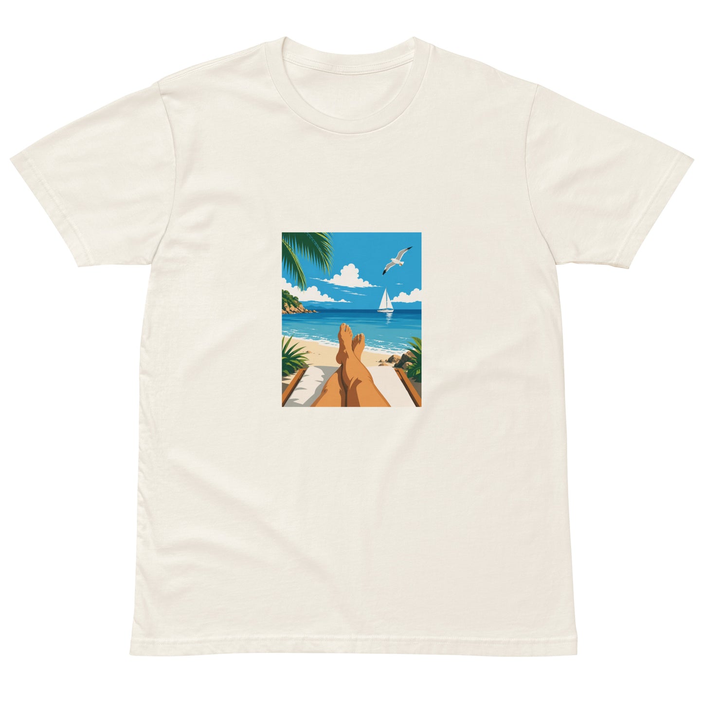 Unisex Sitting Seaside premium t-shirt in ecru color, front view, made by wayward.biz, casual and comfortable fit.