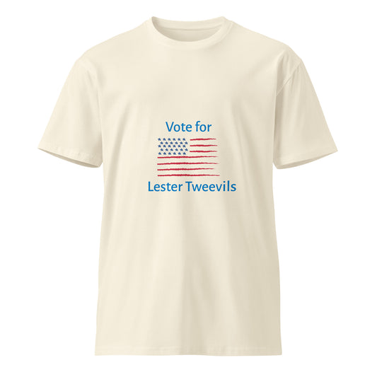 Unisex premium T-shirt featuring a natural color with a front graphic design, by wayward.biz, for Vote for Lester Tweevils.