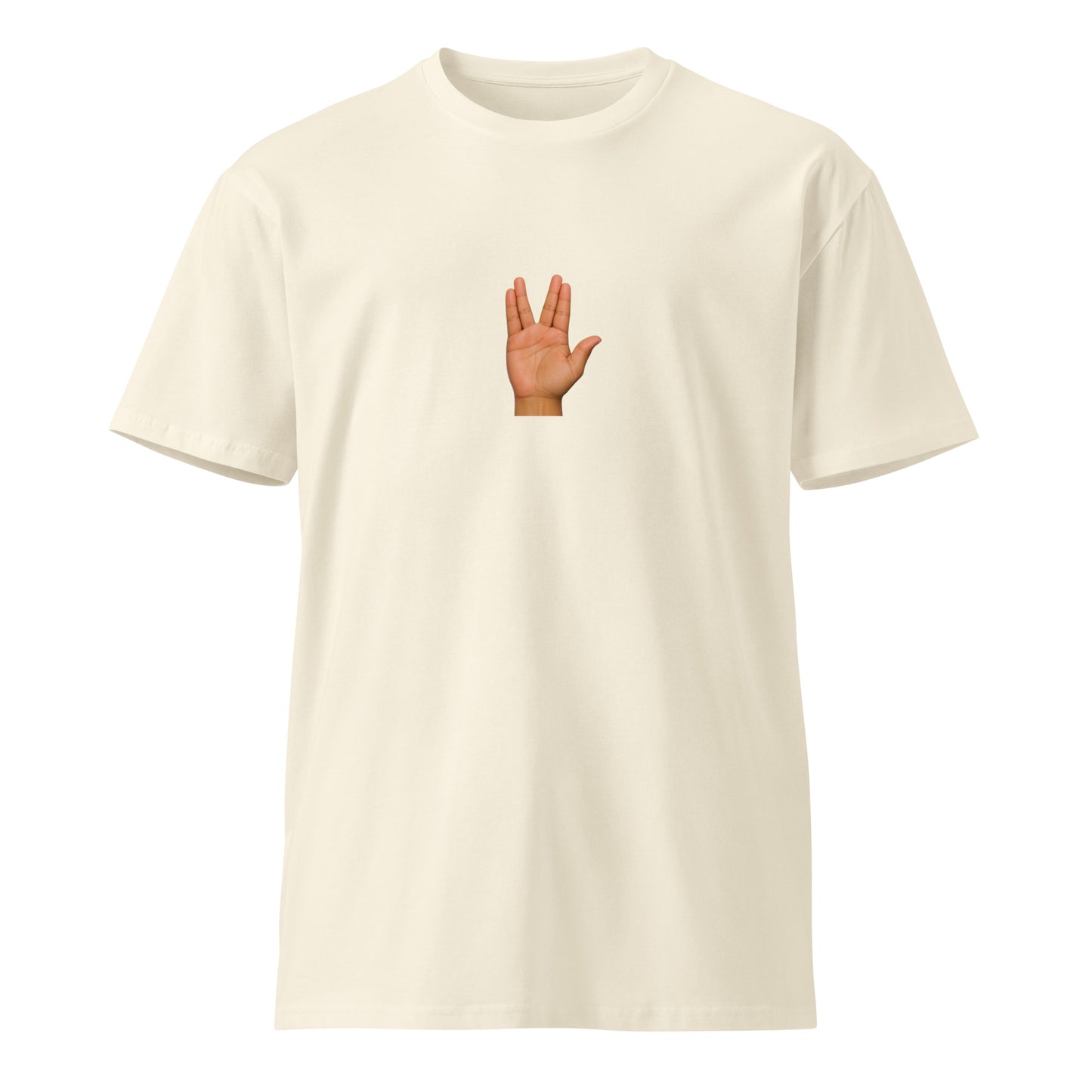 Unisex premium "Live Long and Prosper" Star Trek-inspired T-shirt by wayward.biz, natural front view showing design and fit.