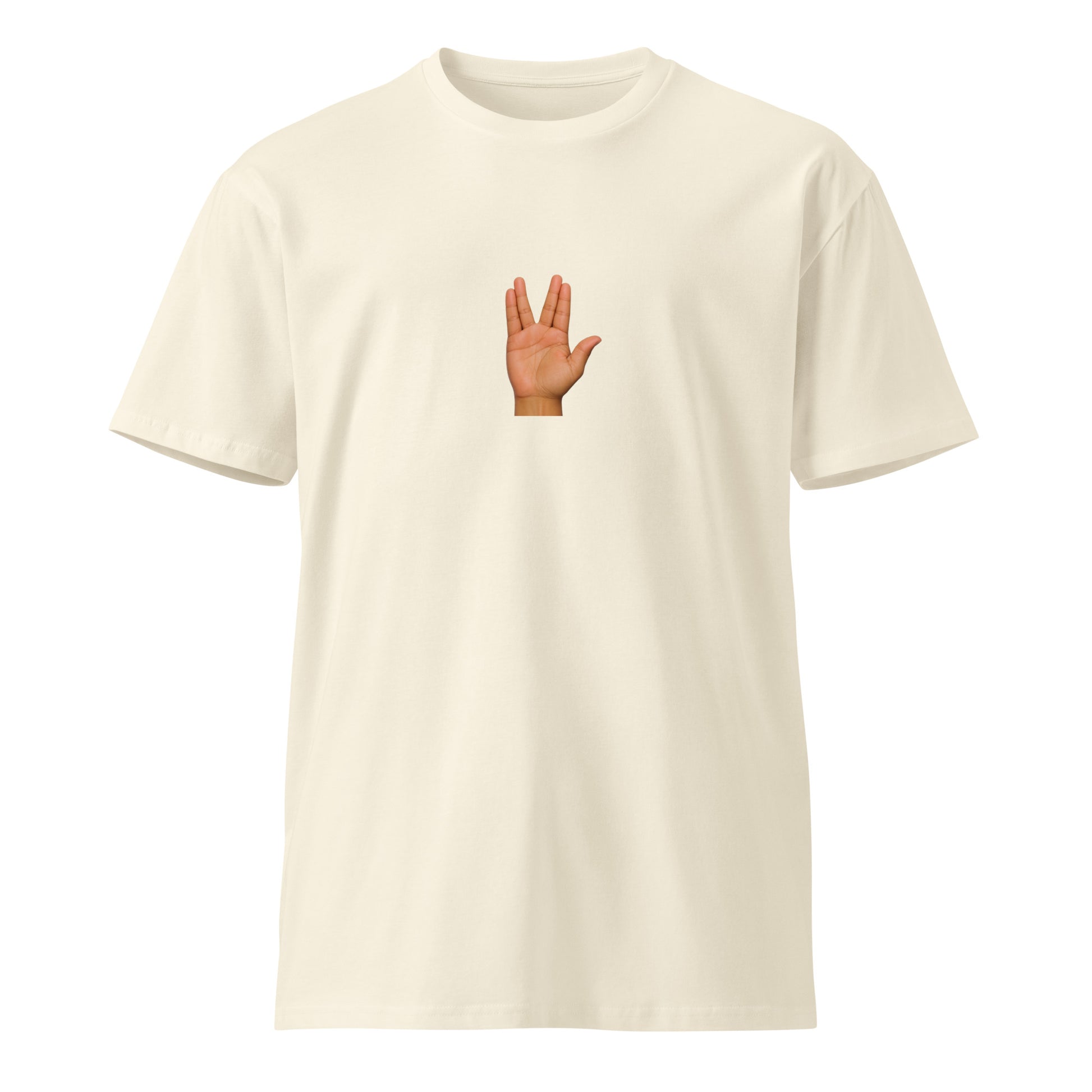 Unisex premium "Live Long and Prosper" Star Trek-inspired T-shirt by wayward.biz, natural front view showing design and fit.