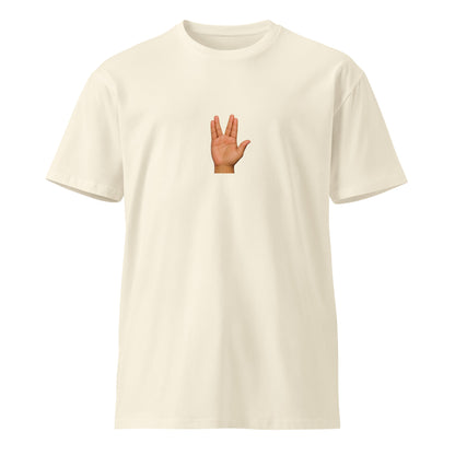 Unisex premium "Live Long and Prosper" Star Trek-inspired T-shirt by wayward.biz, natural front view showing design and fit.