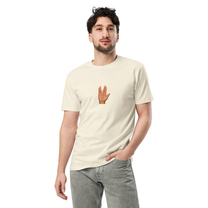 Unisex premium T-shirt featuring "Live Long and Prosper" design, natural color, front view, by wayward.biz.