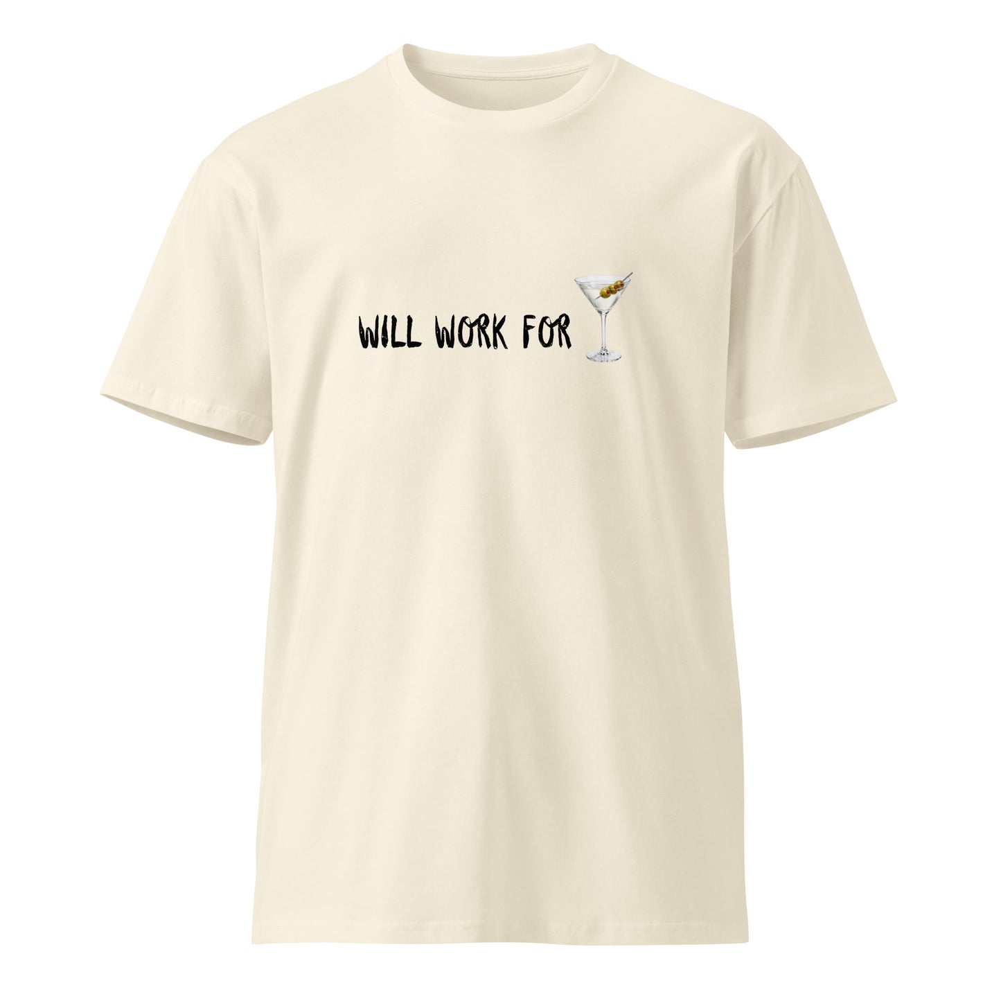 Unisex premium light t-shirt with martini work design on natural front, from wayward.biz.