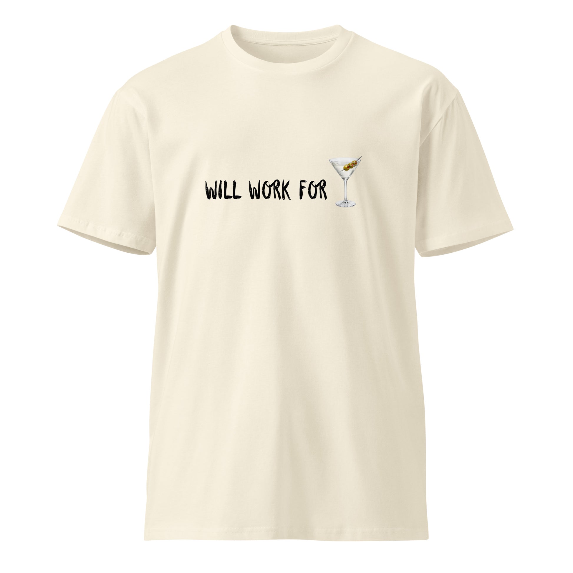 Unisex premium light t-shirt with martini work design on natural front, from wayward.biz.