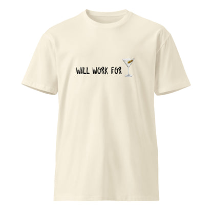 Unisex premium light t-shirt with martini work design on natural front, from wayward.biz.