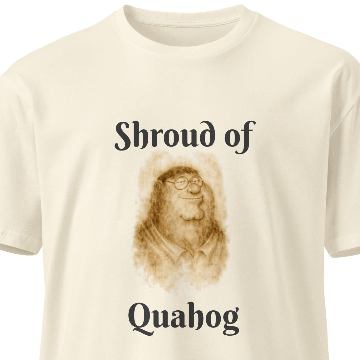 Unisex Shroud of Quahog premium T-shirt by wayward.biz, natural front view showing soft fabric and casual fit.