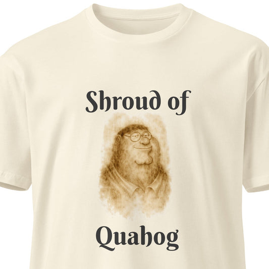 Unisex Shroud of Quahog premium T-shirt by wayward.biz, natural front view showing soft fabric and casual fit.