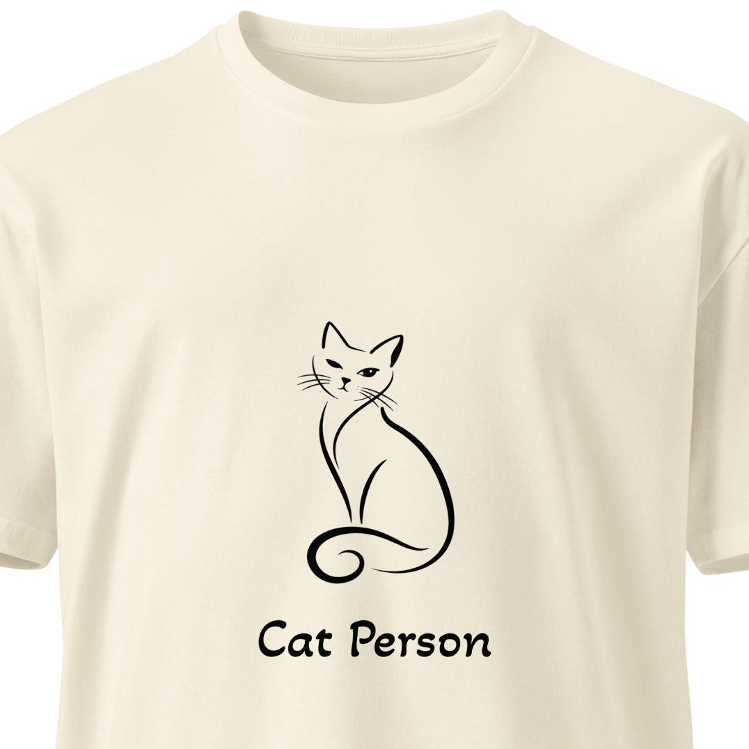 Unisex premium Cat Person T-shirt from wayward.biz in natural color, front view showing soft fabric and classic fit.