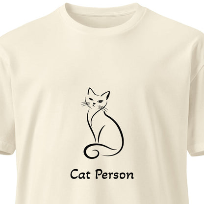 Unisex premium Cat Person T-shirt from wayward.biz in natural color, front view showing soft fabric and classic fit.