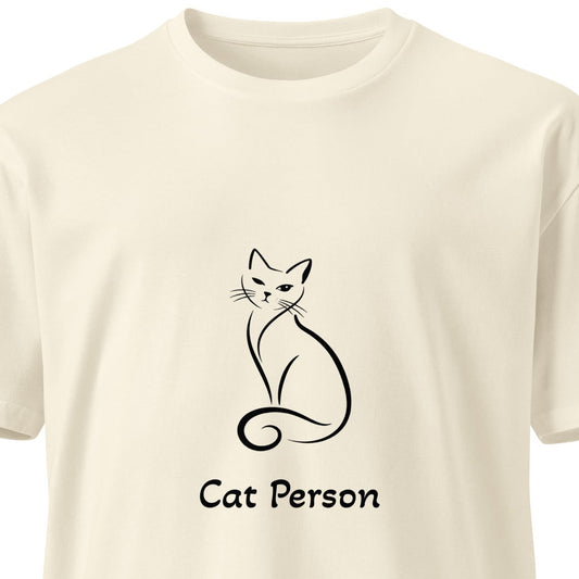 Unisex premium Cat Person T-shirt from wayward.biz in natural color, front view showing soft fabric and classic fit.