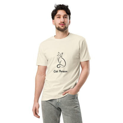 Unisex premium cat person t-shirt in natural color with a front design, made by wayward.biz, casual and comfortable for everyday wear.