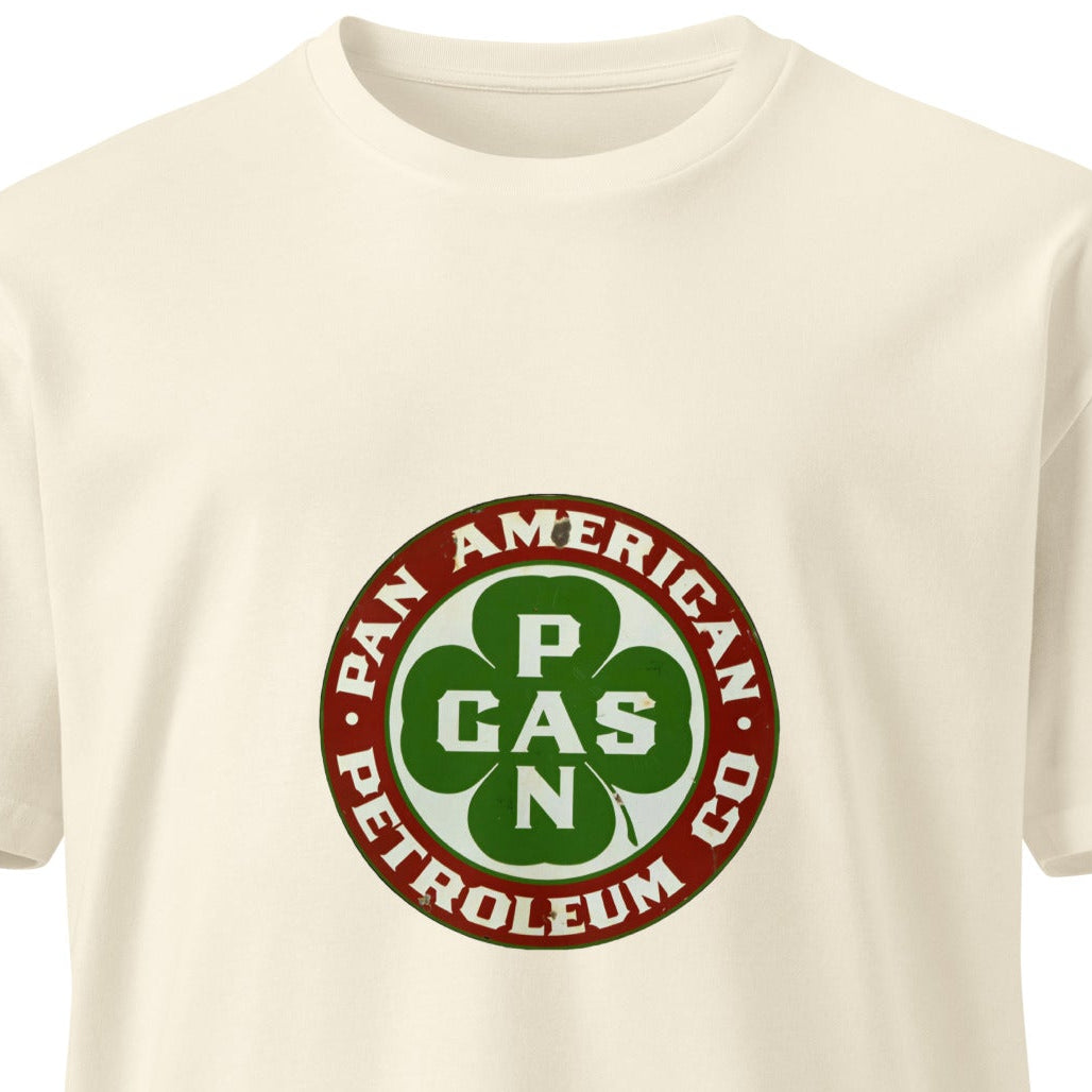 Unisex Pan American Gas Co. premium T-shirt in natural color with front design, made by wayward.biz.