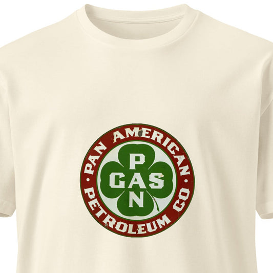 Unisex Pan American Gas Co. premium T-shirt in natural color with front design, made by wayward.biz.