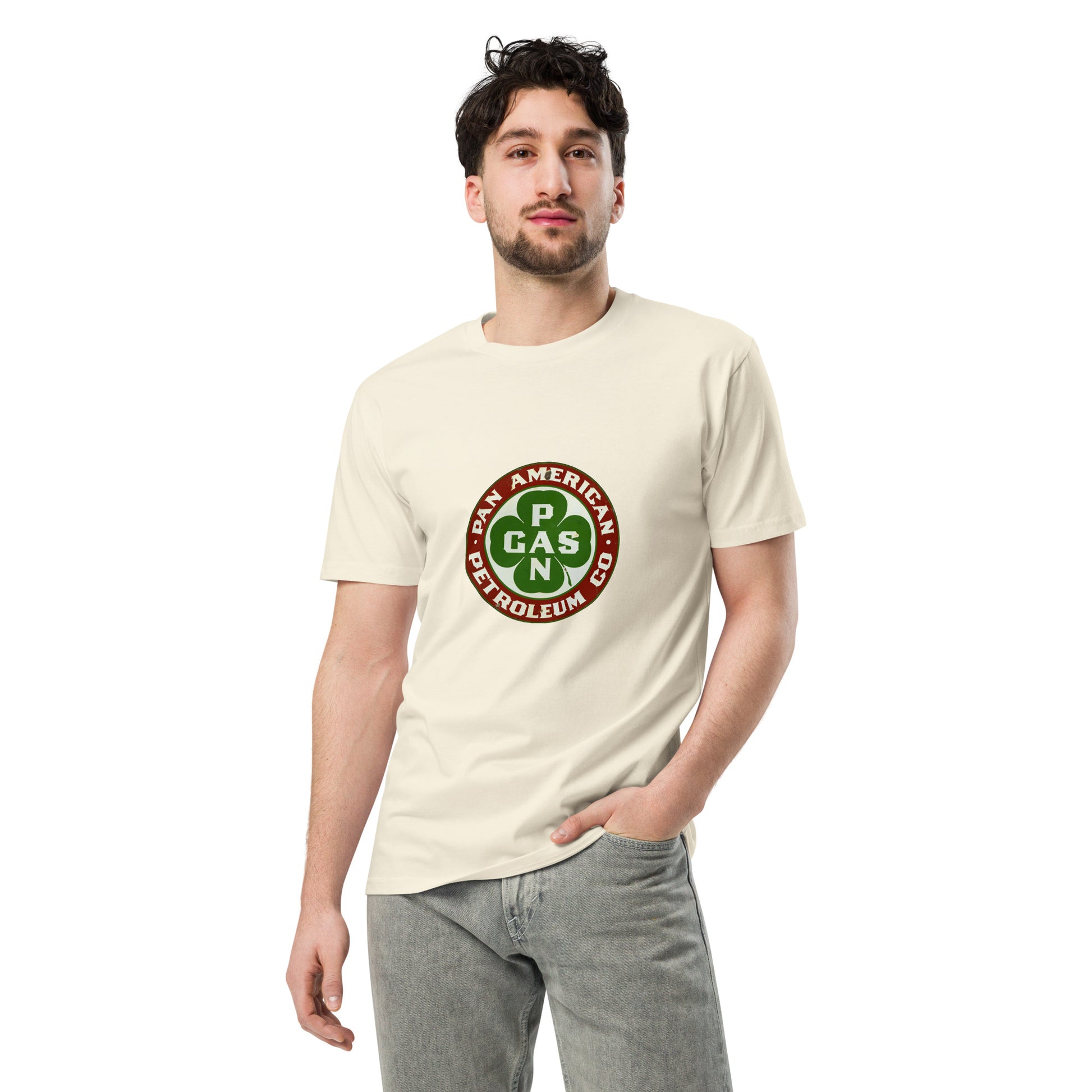 Unisex premium T-shirt by Pan American Gas Co. in natural color, front view, casual style, soft fabric, Wayward.biz brand.