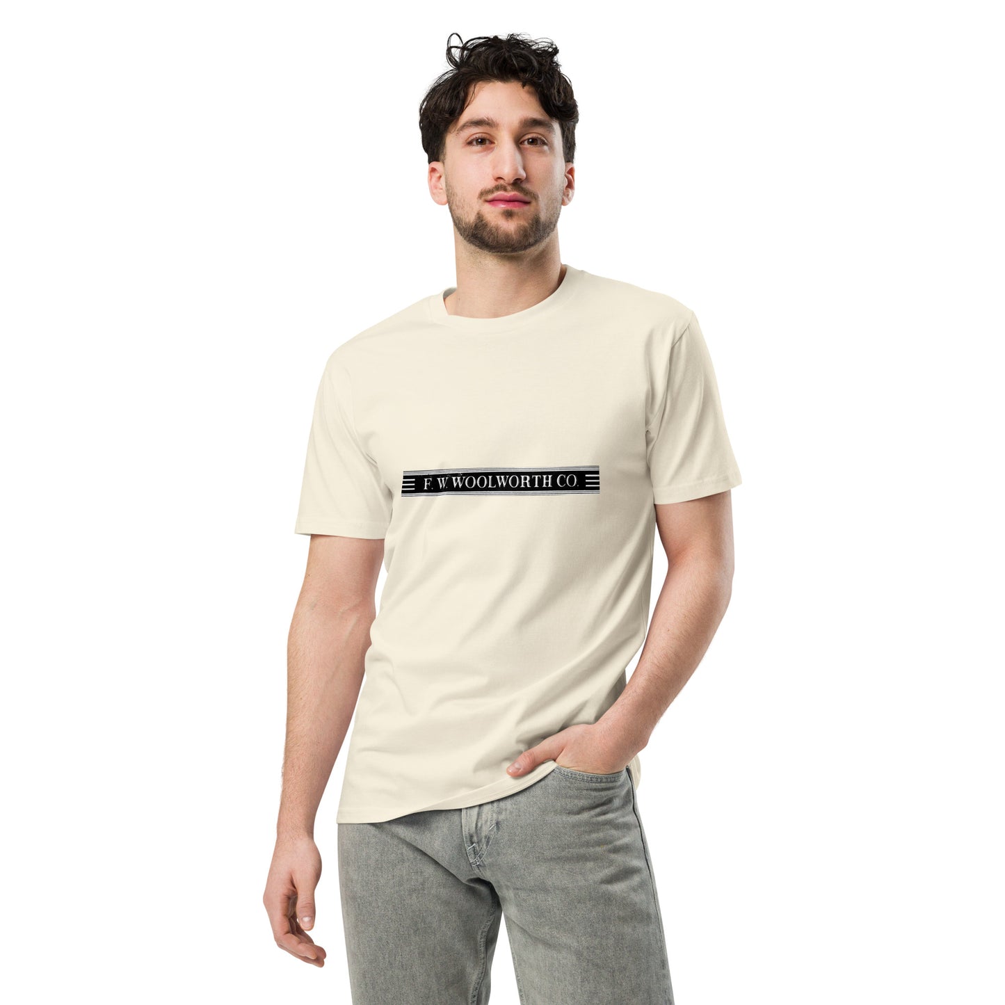 Unisex premium F.W. Woolworth T-shirt by wayward.biz, natural color, front view, soft fabric, casual style, modern fit.
