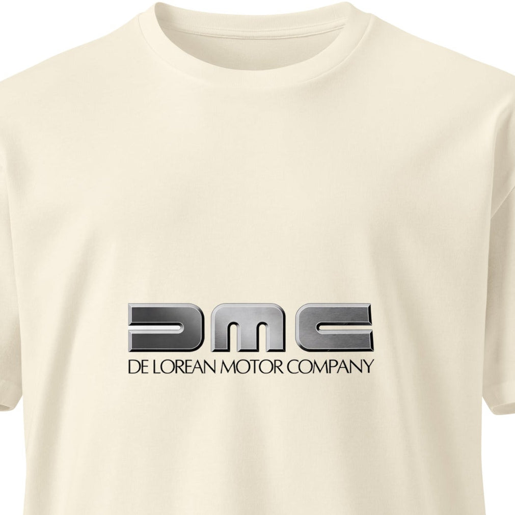 Unisex Delorean Motor Company premium T-shirt by wayward.biz featuring a natural color front view with bold logo design.