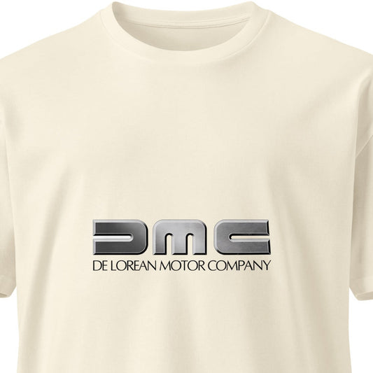 Unisex Delorean Motor Company premium T-shirt by wayward.biz featuring a natural color front view with bold logo design.